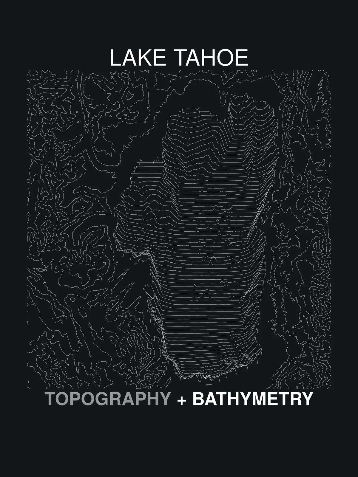 Topography + Bathymetry — full plate, white contour print on ink